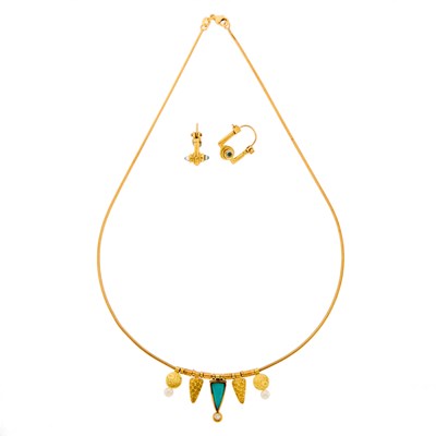 Lot 1070 - Pair of Gold and Blue Topaz Hoop Earrings and Gold, Chalcedony, Cultured Pearl and Diamond Necklace