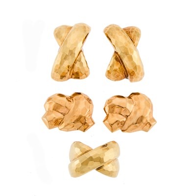 Lot 1256 - Hammered Gold Ring and Two Pairs of Earrings