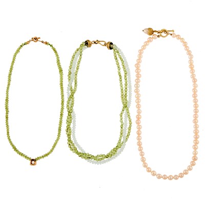 Lot 1048 - Group of Cultured Pearl and Peridot and Aquamarine Bead Necklaces with High Karat Gold and Gold Clasps
