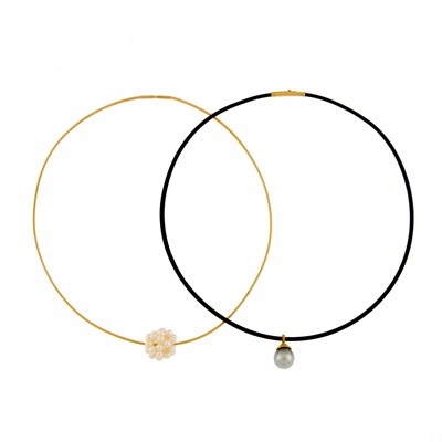Lot 1047 - Gold and Cultured Pearl Collar Necklace and Tahitian Gray Cultured Pearl Pendant with Rubber Necklace