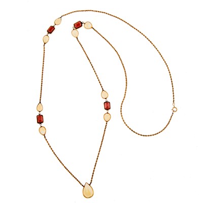 Lot 1055 - Long Gold, Citrine and Garnet Station Necklace