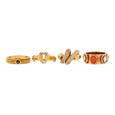 Lot 1113 - Four Gold, Rose Gold, Diamond, Hardstone, Shell and Mother-of-Pearl Cameo, and Sapphire Rings