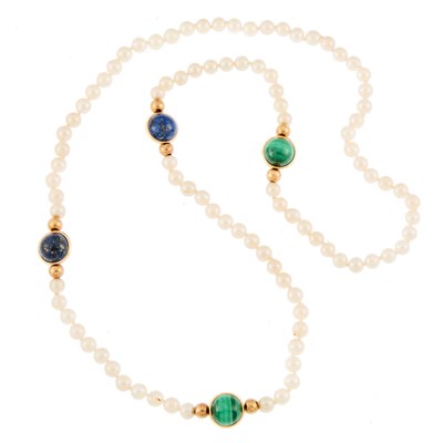 Lot 1069 - Long Cultured Pearl, Gold, Lapis and Malachite Bead Necklace