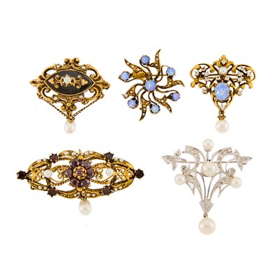 Lot 1217 - Five Gold, Low Karat White Gold, Cultured Pearl, Opal, Black Onyx, Garnet, Diamond and Simulated Diamond Brooches