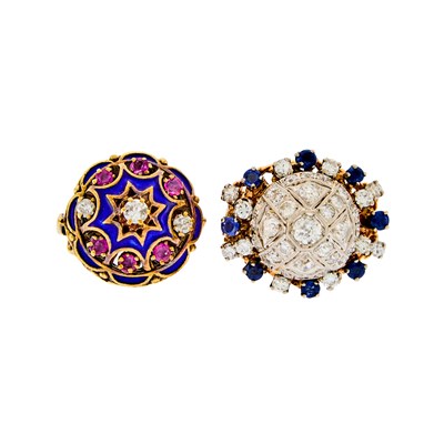 Lot 1252 - Two Gold, Blue Enamel, Diamond, Ruby and Sapphire Rings