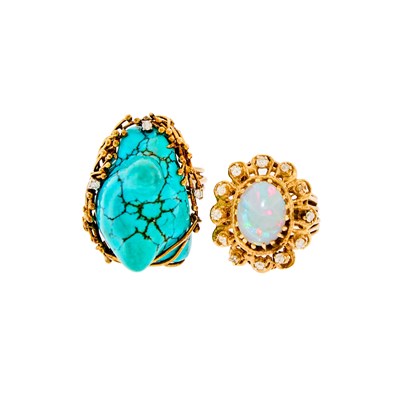 Lot 1267 - Two Gold, Low Karat Gold, Turquoise, Opal and Diamond Rings