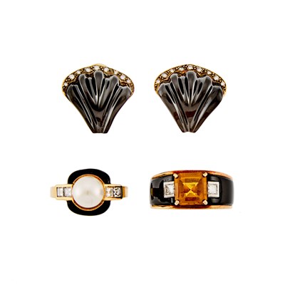 Lot 1080 - Group of Gold, Platinum, Black Onyx, Black Enamel, Cultured Pearl, Citrine and Diamond Jewelry