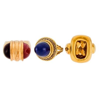 Lot 1098 - Three Gold, Lapis, Citrine, Amethyst and Pink Tourmaline Rings
