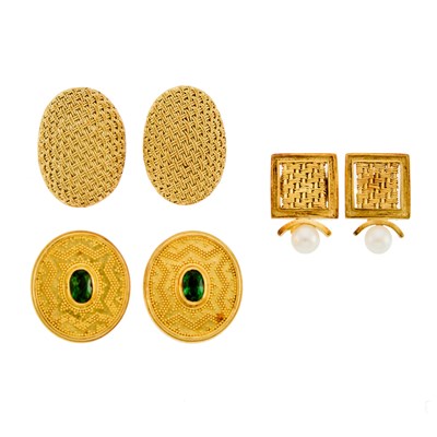 Lot 1226 - Three Pairs of High Karat Gold, Gold, Tourmaline and Cultured Pearl Earrings