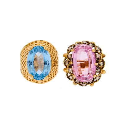 Lot 1242 - Two Gold, Kunzite, Blue Topaz and Diamond Rings