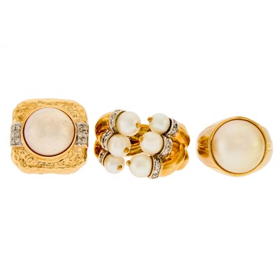 Lot 1263 - Three Gold, Cultured and Mabé Pearl and Diamond Rings
