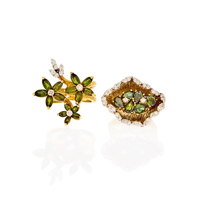 Lot 1262 - Two Two-Color Gold, Tourmaline and Diamond Rings