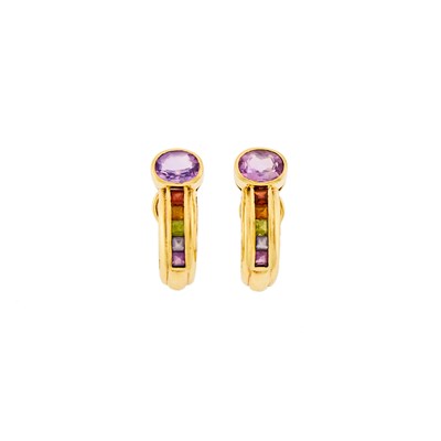 Lot 1246 - Pair of Gold and Multicolored Stone Half-Hoop Earrings