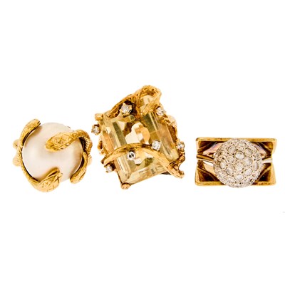 Lot 1106 - Three Gold, White Gold, Mabé Pearl, Citrine and Diamond Rings