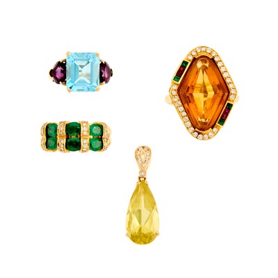 Lot 1247 - Three Gold and Gem-Set Rings and Pendant