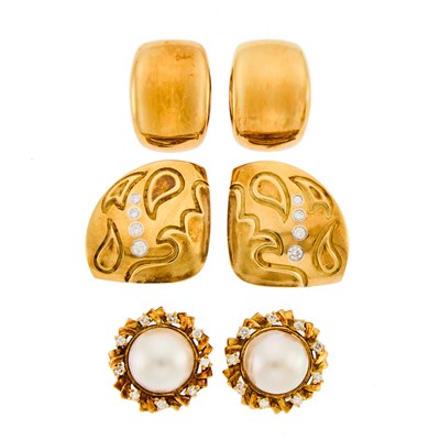 Lot 1249 - Three Pairs of Gold, Mabé Pearl and Diamond Earrings