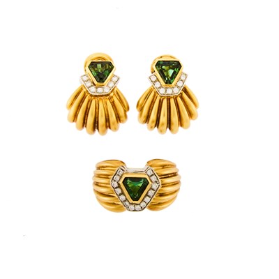 Lot 1028 - Pair of Two-Color Gold, Tourmaline and Diamond Earrings and Ring