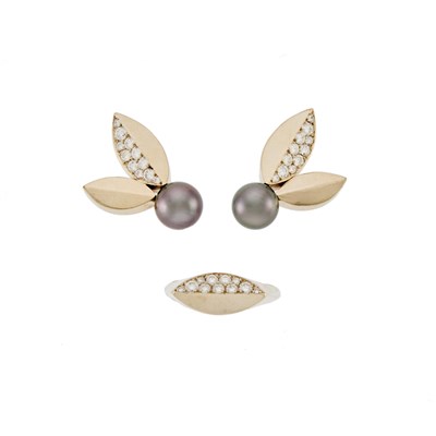 Lot 1138 - Pair of White Gold, Cultured Pearl and Diamond Leaf Earrings and Ring