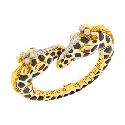 Lot 207 - David Webb Gold, Platinum, Enamel, Diamond and Cabochon Ruby Giraffe Bracelet