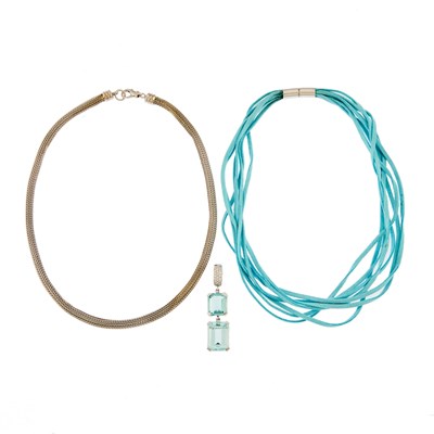 Lot 1149 - White Gold, Aquamarine and Diamond Pendant with Blue Leather Necklace with Interchangeable Silver Chain