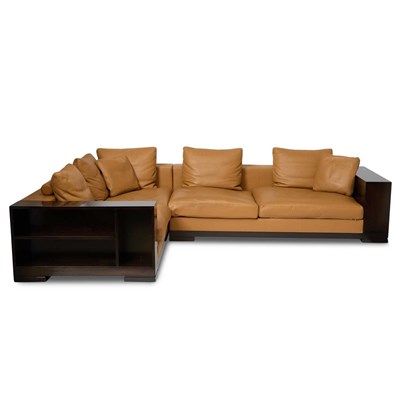 Lot 422 - Hugues Chevalier Leather Upholstered Dark-Stained Wood "Dominique" Sectional Sofa