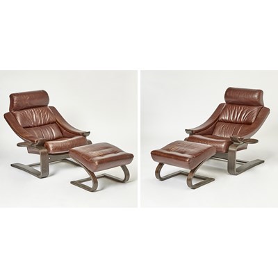 Lot 424 - Pair of Ake Fribytter for Roche Bobois Leather Upholstered Bentwood "Kroken" Lounge Chairs and Ottomans