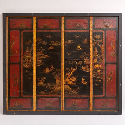 Lot 139 - Continental Chinoiserie Framed Four Panel Painted Leather Screen