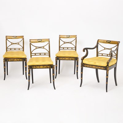 Lot 168 - Set of Four Regency Style Gilt Decorated Black Lacquer Dining Chairs