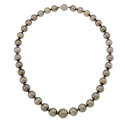 Lot 2098 - Tahitian Gray Cultured Pearl Necklace with White Gold and Diamond Ball Clasp