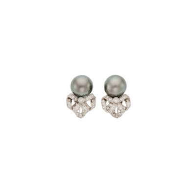 Lot 2123 - Pair of White Gold, Tahitian Gray Cultured Pearl and Diamond Earrings