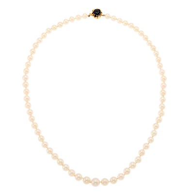 Lot 2228 - Cultured Pearl Necklace with Gold and Sapphire Clasp