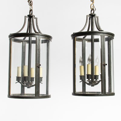 Lot 214 - Pair of Blackened Iron and Glass Hall Lanterns