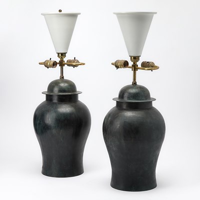 Lot 187 - Pair of Patinated Bronze Jars, Made into Lamps