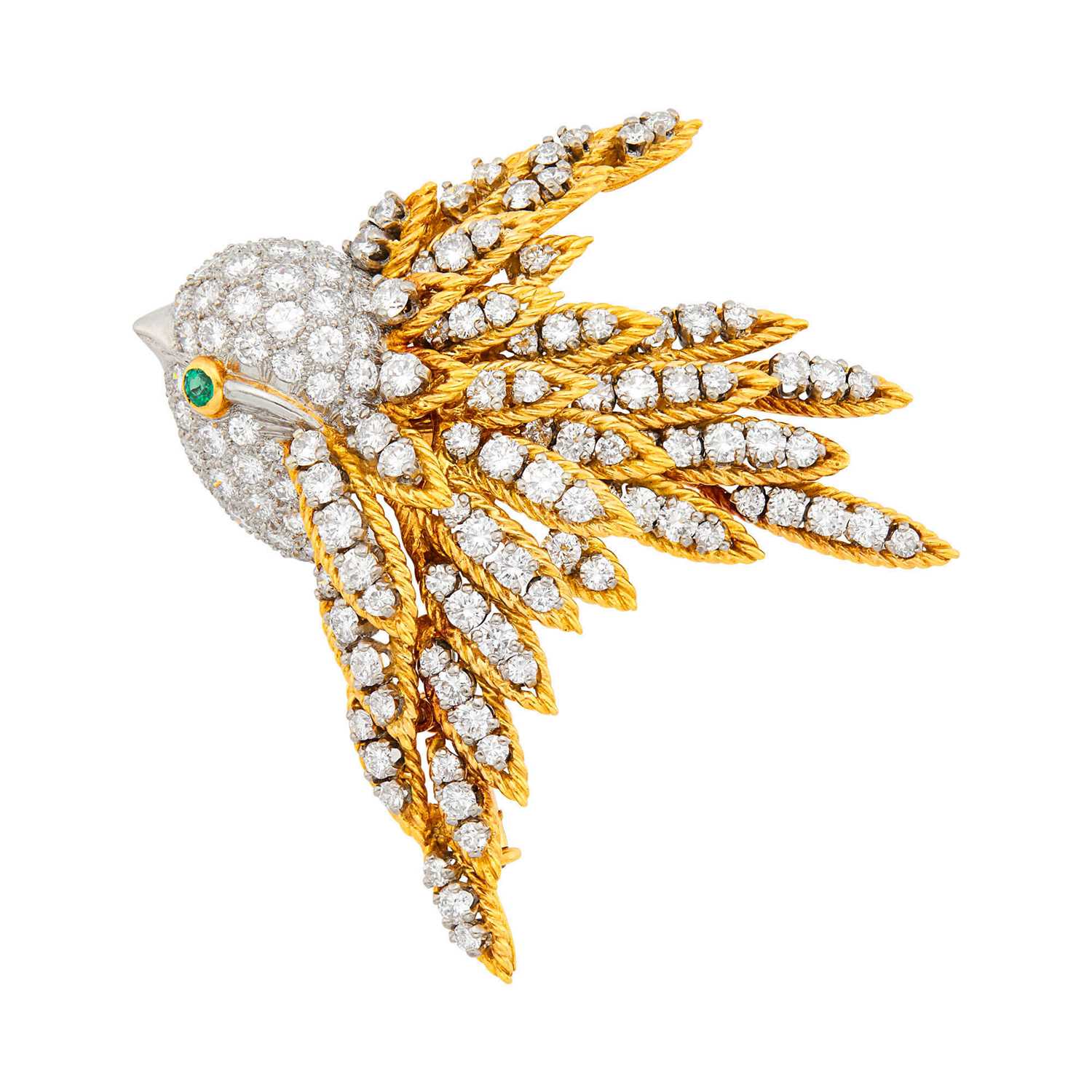 Lot 1148 - George Lederman Gold, Platinum, Diamond and Emerald Bird Clip-Brooch, France