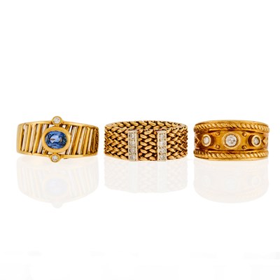 Lot 1275 - Three Two-Color Gold, Sapphire and Diamond Rings
