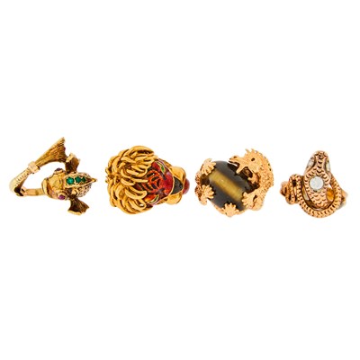 Lot 1259 - Four Gold, Cat's Eye, Diamond and Gem-Set Rings