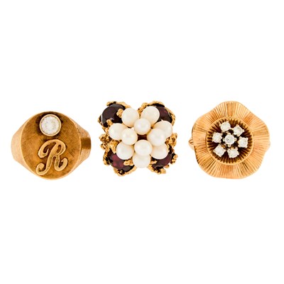 Lot 1256 - Three Gold, Garnet, Freshwater Pearl, Diamond and Simulated Diamond Rings
