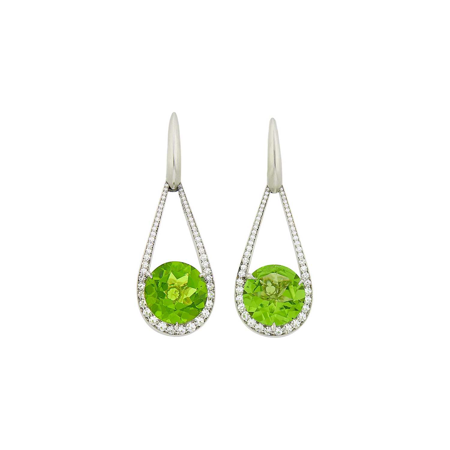 Lot 114 - Pair of Platinum, Peridot and Diamond Pendant-Earrings