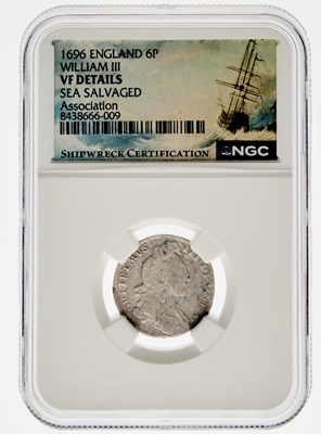 Lot 164 - Great Britain. 1696 Sixpence. NGC Sea Salvaged - Association Fleet.