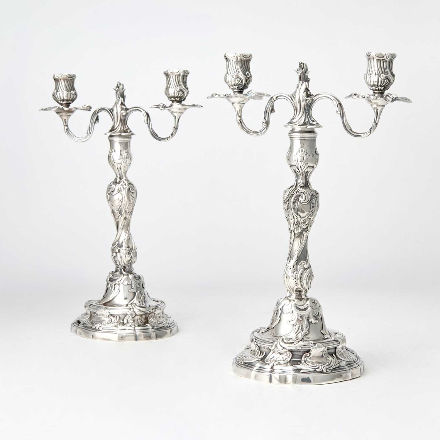 Lot 135 - Pair of French Louis XV Silver Two Light Candelabra