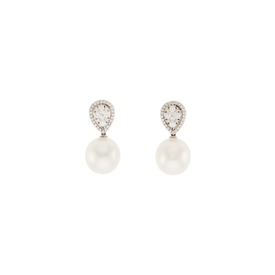 Lot 1142 - Pair of White Gold, South Sea Cultured Pearl and Diamond Pendant-Earrings
