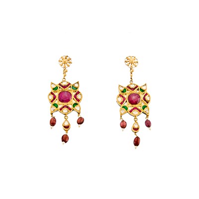 Lot 1220 - Pair of Indian Gold, Foil-Backed Diamond and Ruby, Enamel, Jaipur Enamel, Garnet and Freshwater Pearl Pendant-Earrings