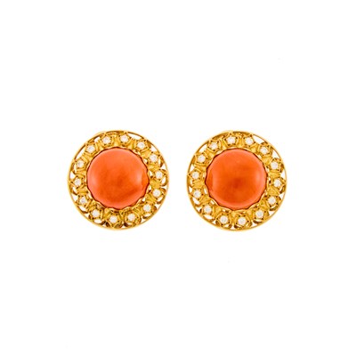 Lot 1237 - Pair of Gold, Coral and Diamond Earclips