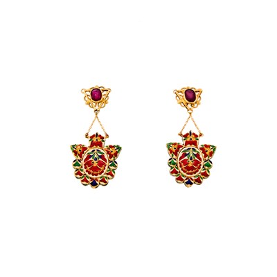 Lot 1223 - Pair of Gold, Foil-Backed Diamond, Ruby, Enamel and Jaipur Enamel Pendant-Earrings