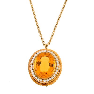 Lot 1225 - Gold, Citrine and Cultured Pearl Pendant-Brooch with Chain Necklace