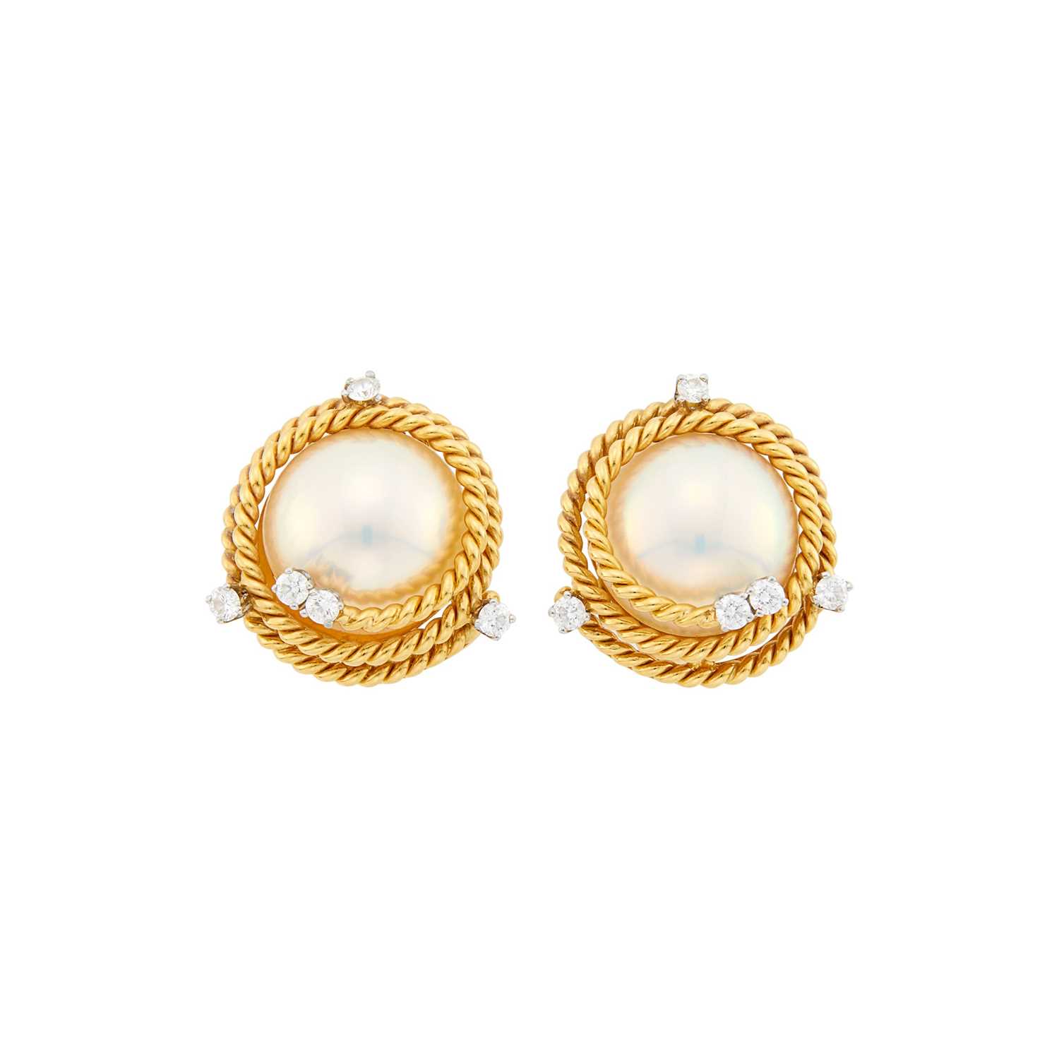 Lot 22 - Tiffany & Co., Schlumberger Pair of Gold, Platinum, Mabé Pearl and Diamond 'Rope' Earclips