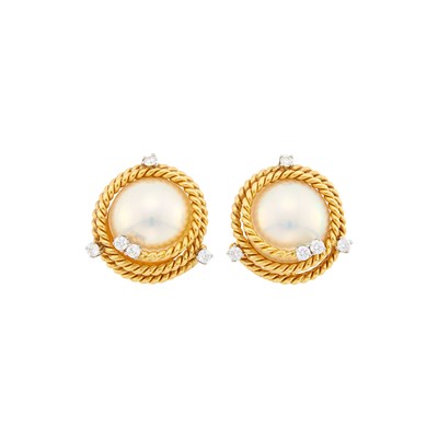 Lot 22 - Tiffany & Co., Schlumberger Pair of Gold, Platinum, Mabé Pearl and Diamond 'Rope' Earclips