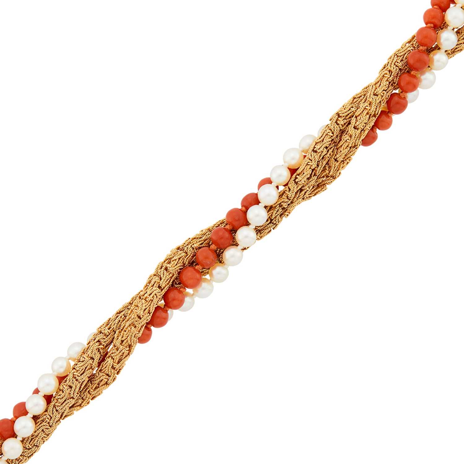 Lot 171 - Van Cleef & Arpels Triple Strand Gold Mesh, Cultured Pearl and Coral Bead Bracelet, France