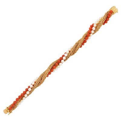 Lot 171 - Van Cleef & Arpels Triple Strand Gold Mesh, Cultured Pearl and Coral Bead Bracelet, France