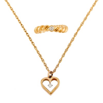 Lot 1085 - Gold and Diamond Heart Pendant with Chain Necklace and Gold and Diamond Ring